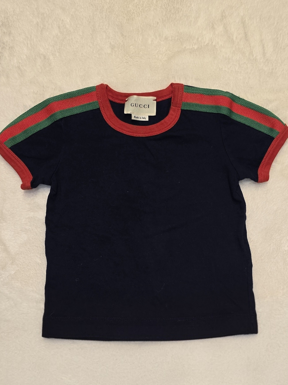 Gucci Navy Tee with Red Trim and Green-Red Shoulder Stripes